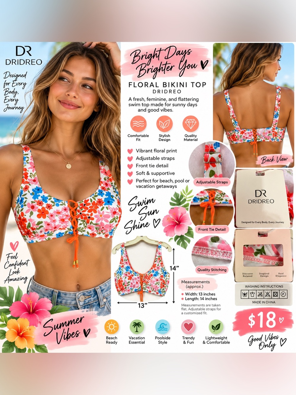 Floral Lace-Up Women's Bikini Top in Bright Multi